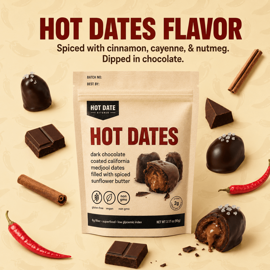 Chocolate-dipped stuffed dates gift set pouch with dark chocolate pieces