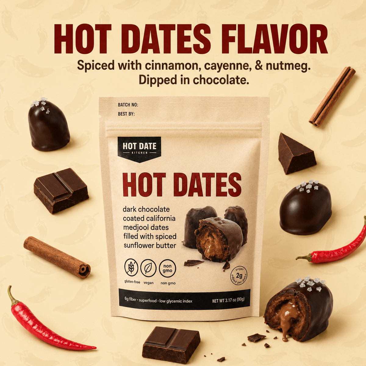 Chocolate-dipped dates gift set, stand-up pouch with spiced date bites and chocolate
