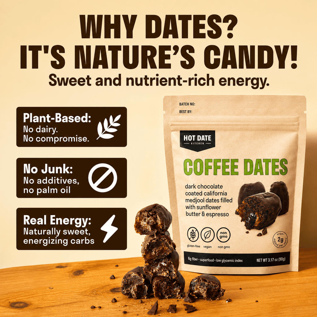Chocolate-dipped dates gift set, stand-up pouch with dark coated date pieces