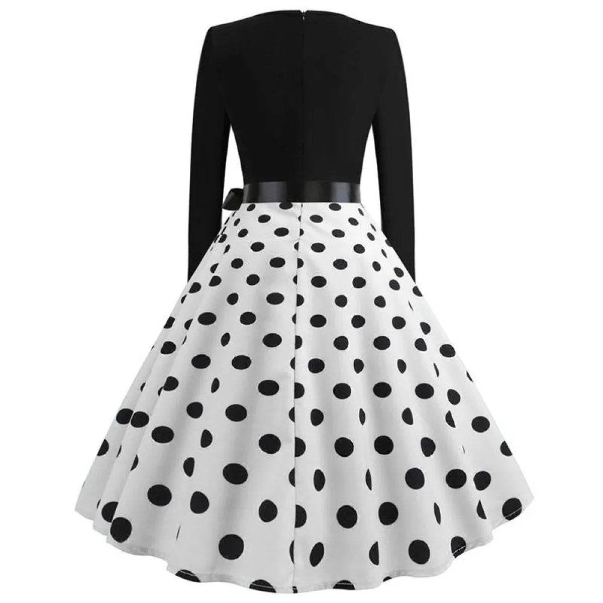 Women’s swing dress with black back bodice and white skirt with black polka dots