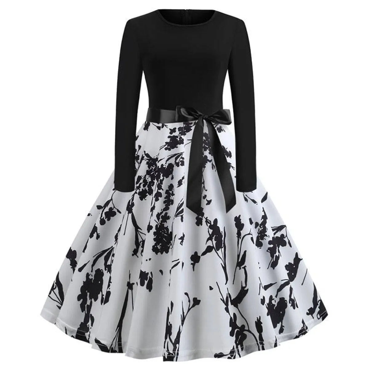 Women’s swing dress with black long sleeves, white skirt, and black floral print bow