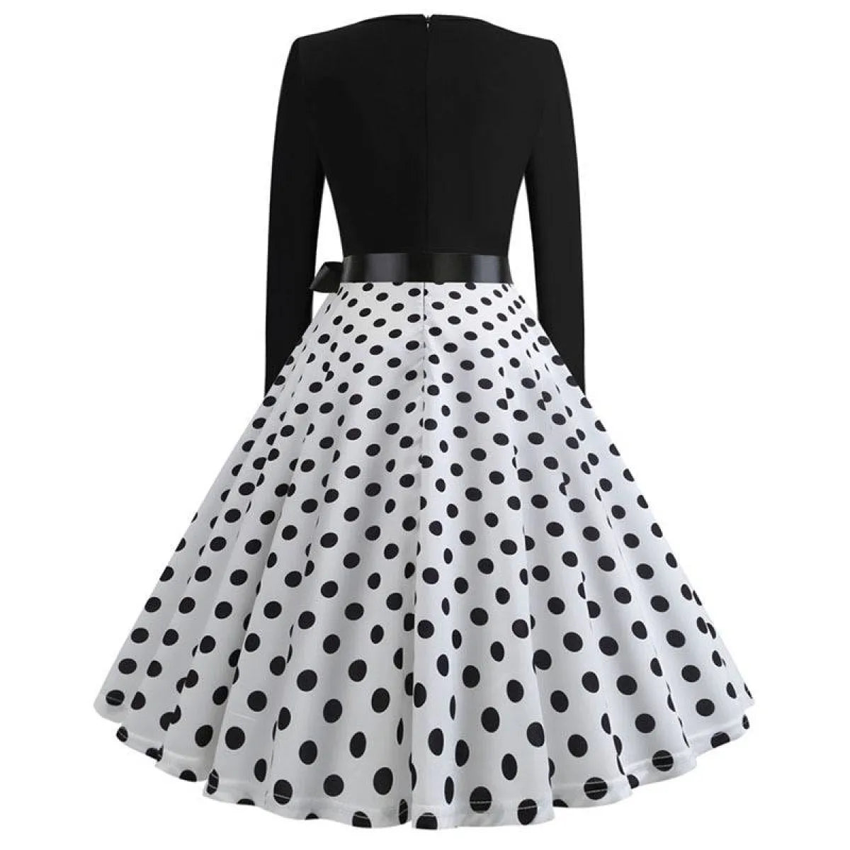 Women’s swing dress with black back bodice and white skirt with black polka dots