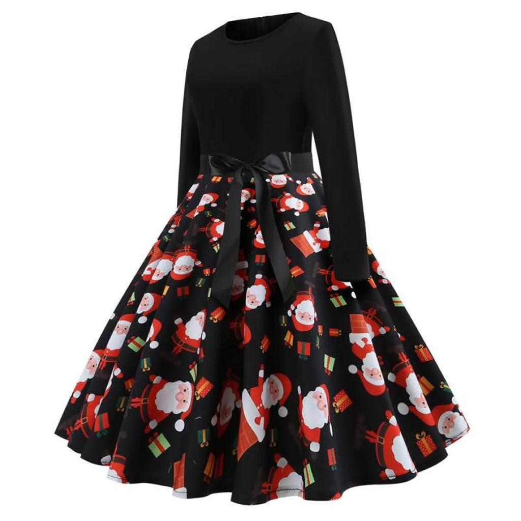 Women’s swing dress with black long sleeves and red-and-white Santa print skirt