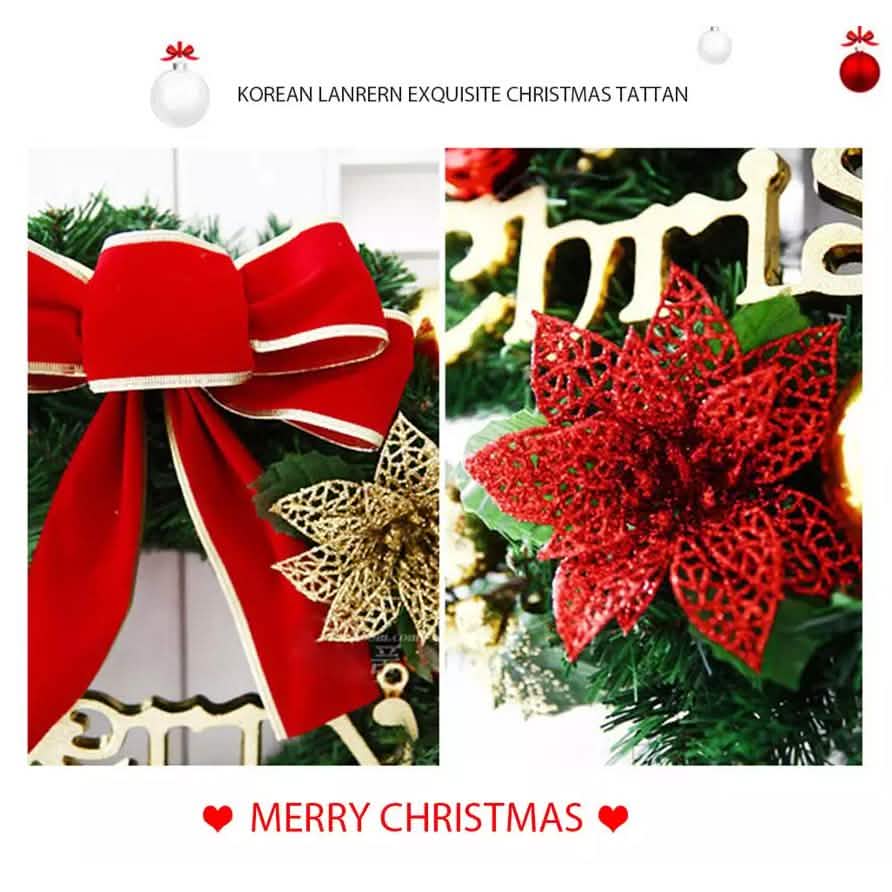 Christmas wreath detail with red glitter star flower and gold filigree 'Merry Christmas'