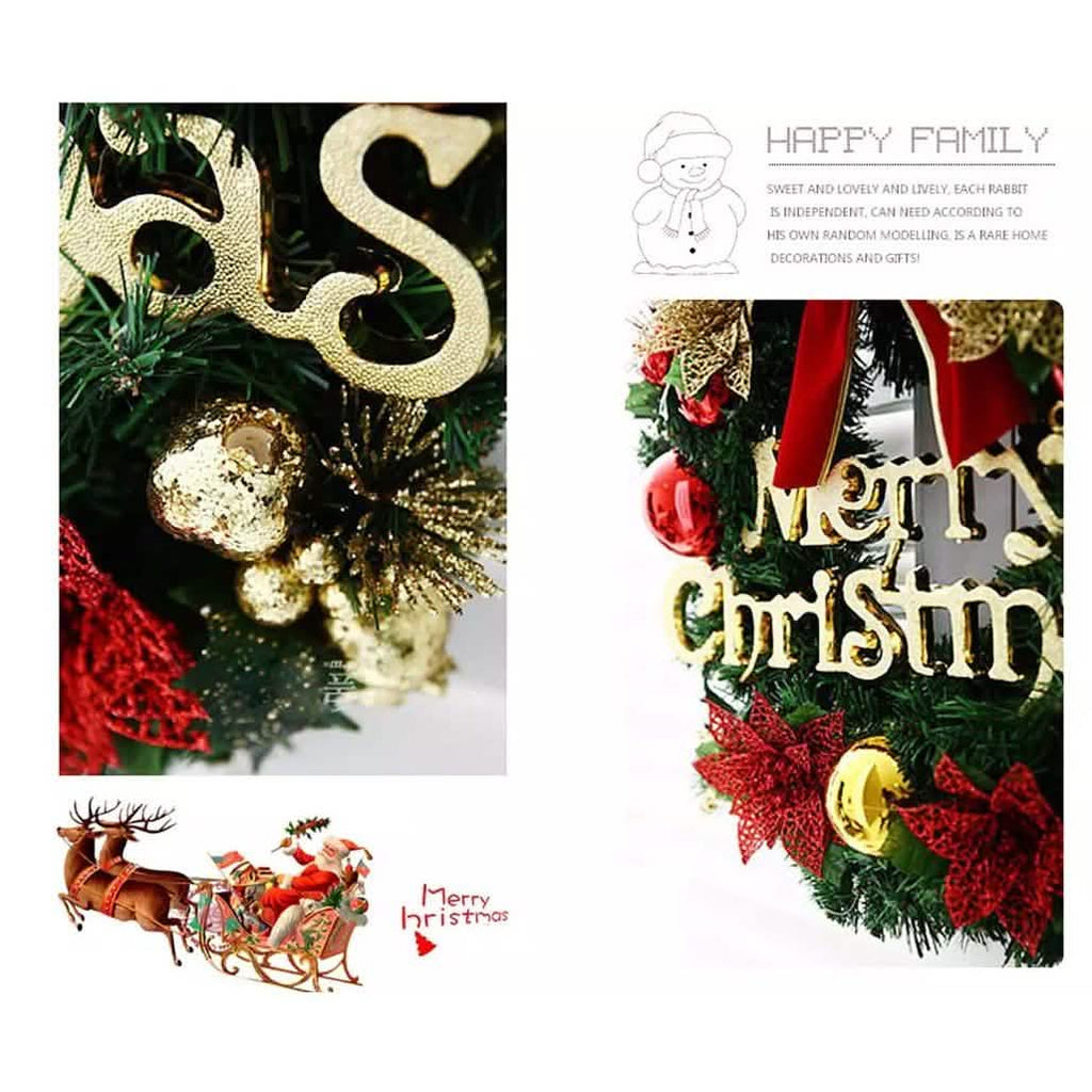 Christmas wreath close-up with gold ribbon, bell and star details, and partial 'Merry Christmas'