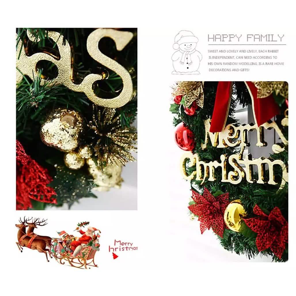 Christmas wreath close-up with gold ribbon, bell and star details, and partial 'Merry Christmas'