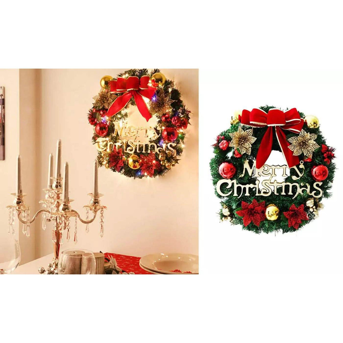 Christmas wreath door ornament with red bow, red baubles, and gold-and-red 'Merry Christmas' sign