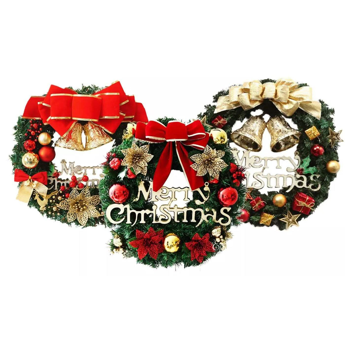 Set of three Christmas wreath ornaments with red and gold bows and 'Merry Christmas' signs
