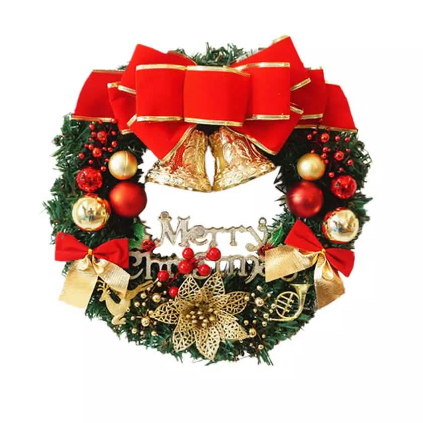 Christmas wreath with red bows, gold bell ornaments, and gold and red baubles