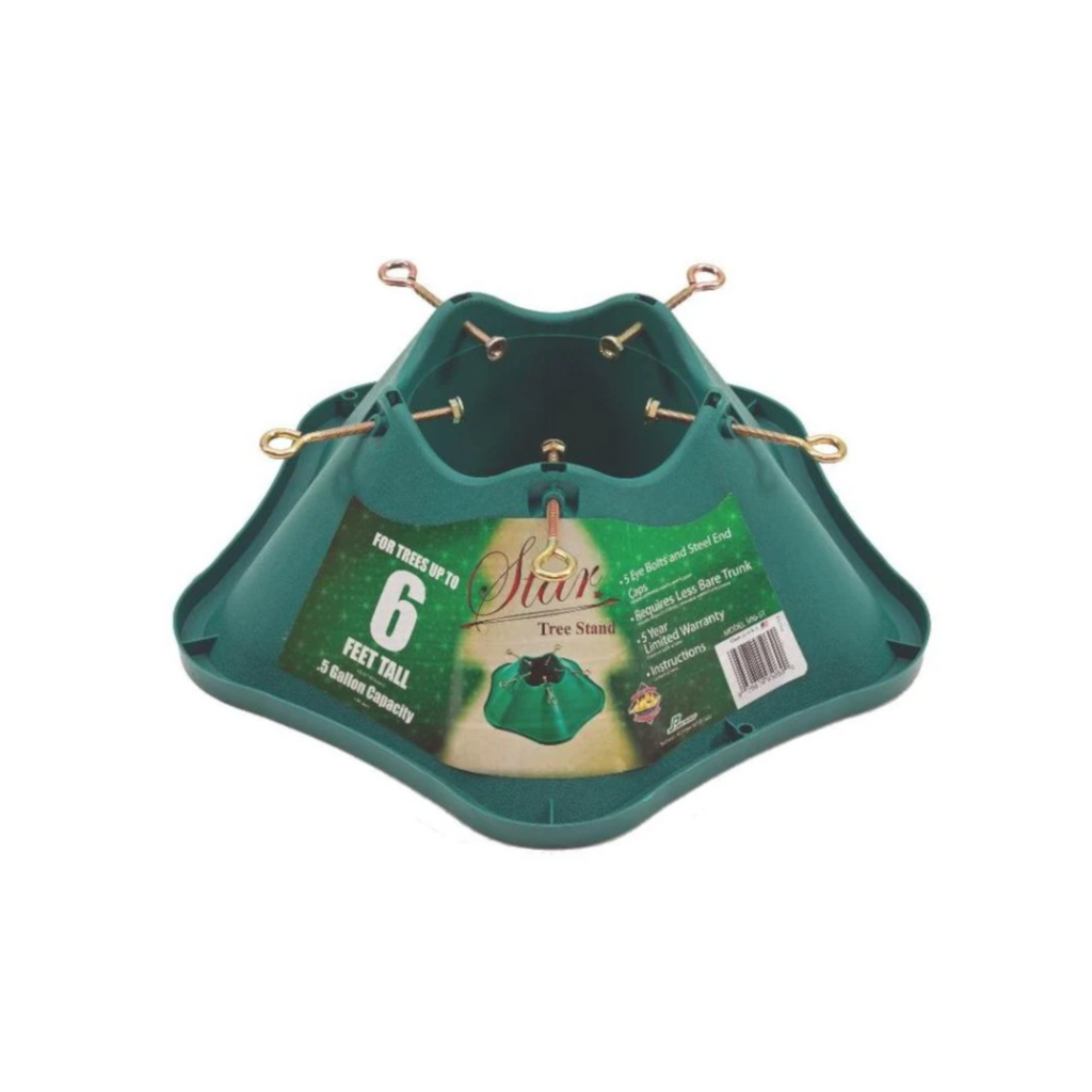 Green folding Christmas tree stand with metal legs for 4–6 ft trees