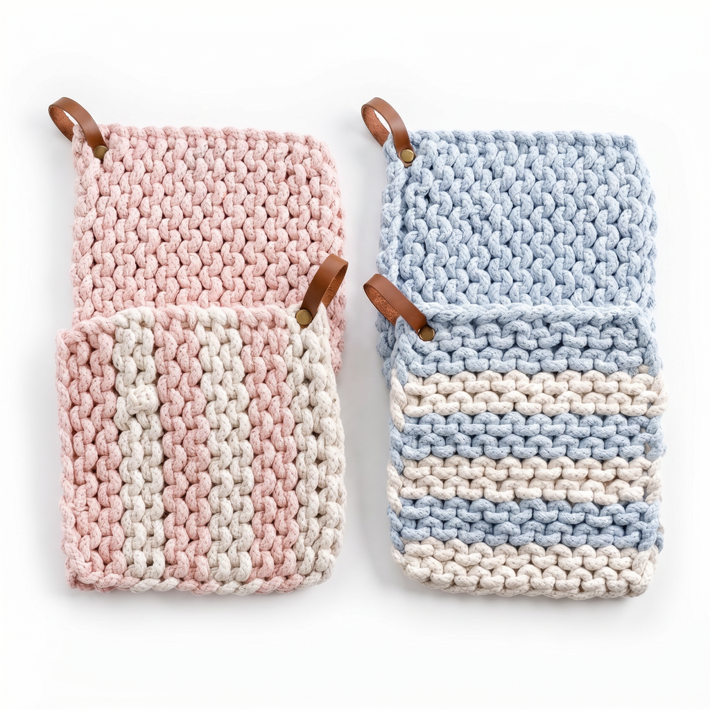 Chunky knit cotton pot holders with textured stitch; pink and blue sets, leather loops