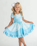 Girls light blue twirl dress with short sleeves and tiered ruffle skirt