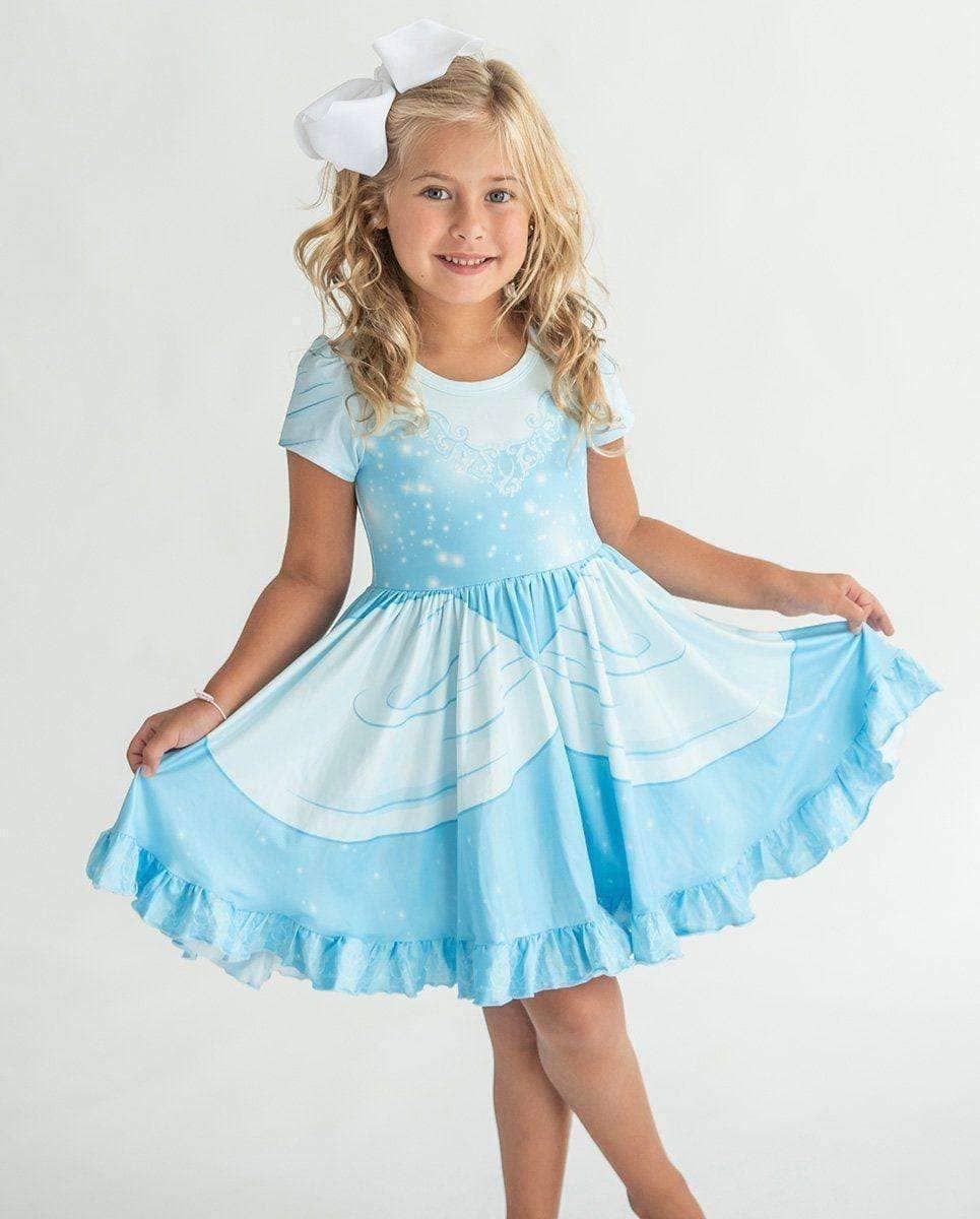 Girls light blue twirl dress with short sleeves and tiered ruffle skirt