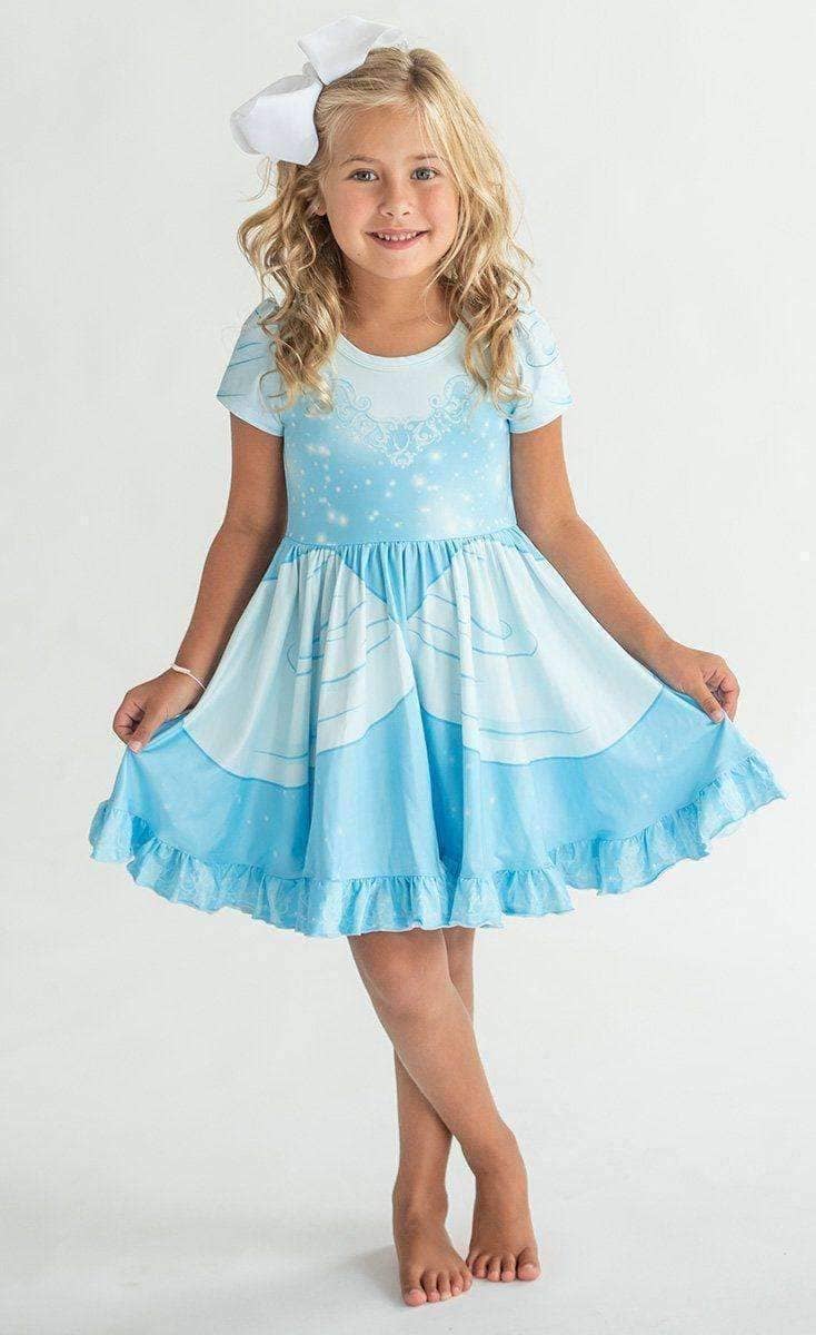 Girls light blue twirl dress with short sleeves and flared tiered skirt
