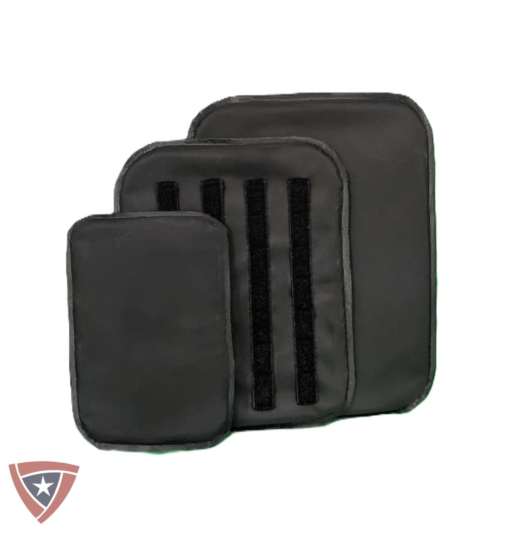 Black ballistic backpack insert with front pocket and three vertical strap channels