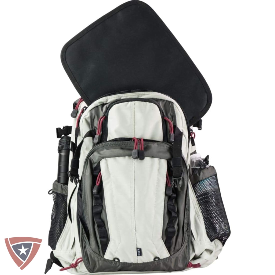 Black and white backpack insert panel with straps and elastic cord guides