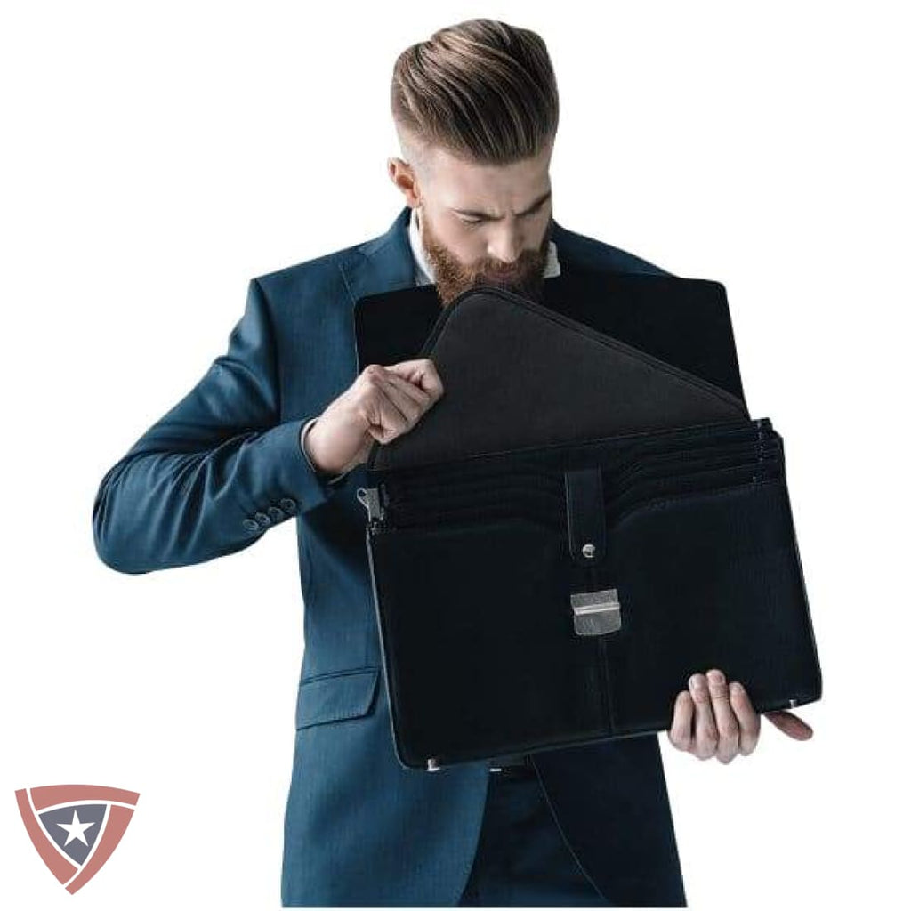 Black ballistic backpack insert case with front flap and strap slot opening