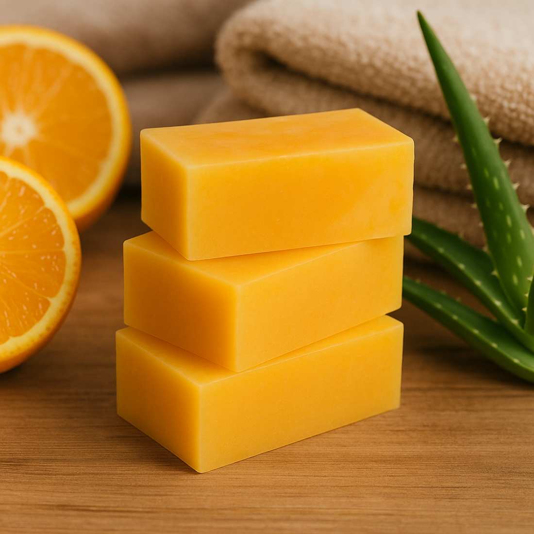 Yellow citrus shampoo bar stack beside oranges and aloe leaves