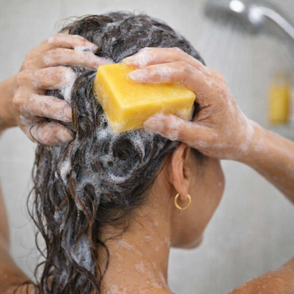 Citrus shampoo bar in hands, lathered hair with foam bubbles