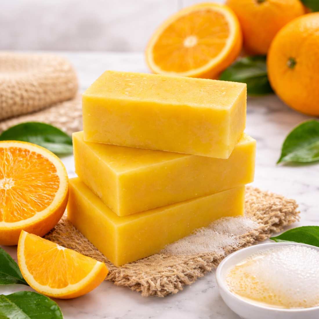 Stacked yellow citrus shampoo bars with sliced oranges and soap bowl