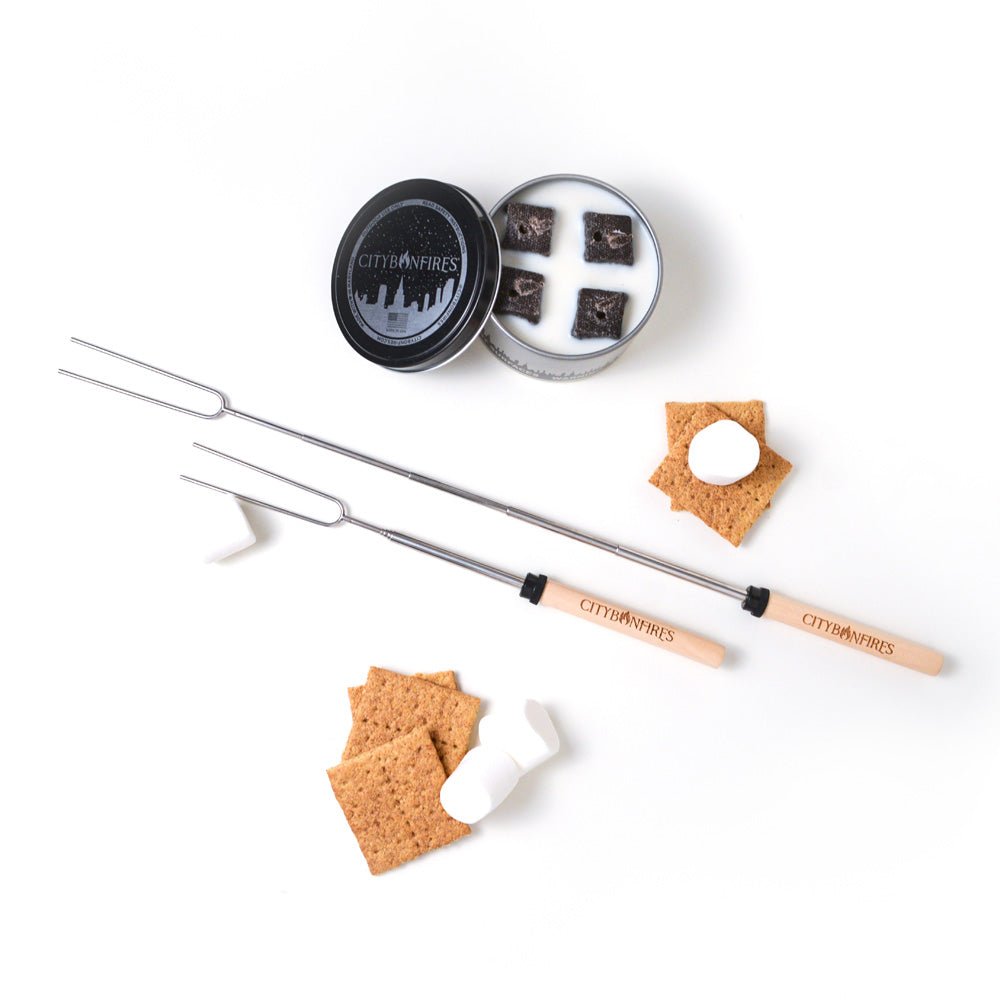 S'mores kit: roasting sticks, graham crackers, marshmallows, and storage tin