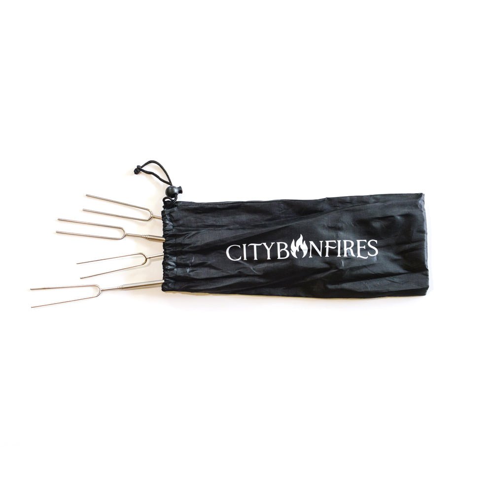 Black drawstring pouch with four s'mores roasting sticks attached