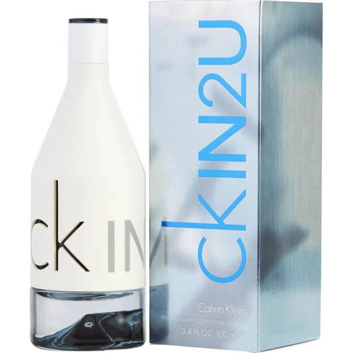 Men's CK IN2U EDT cologne bottle with white cap and boxed packaging, 3.4 oz