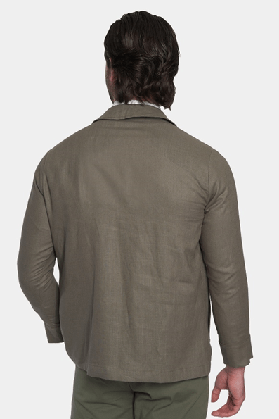 Olive slim safari coat back view with long sleeves and yoke detail