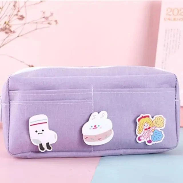 Purple cartoon pencil pouch with zipper, soft fabric, three character patches