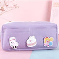 Purple cartoon pencil pouch with zipper, soft fabric, three character patches