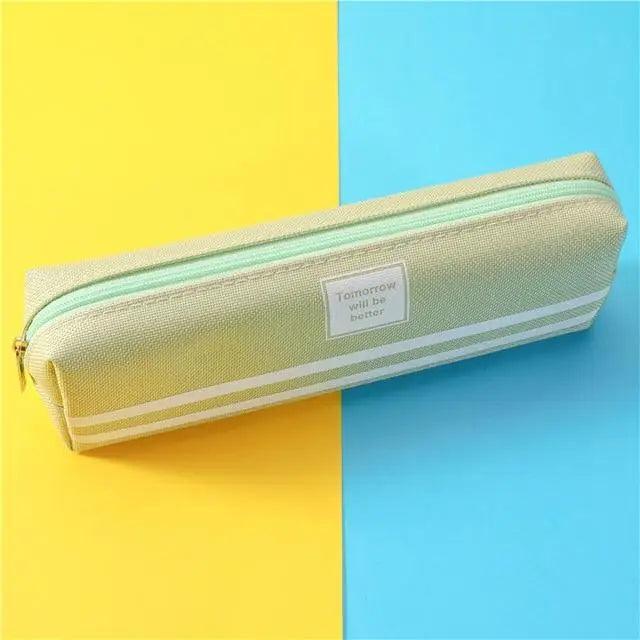 Light green striped pencil pouch with wrist strap and double zipper