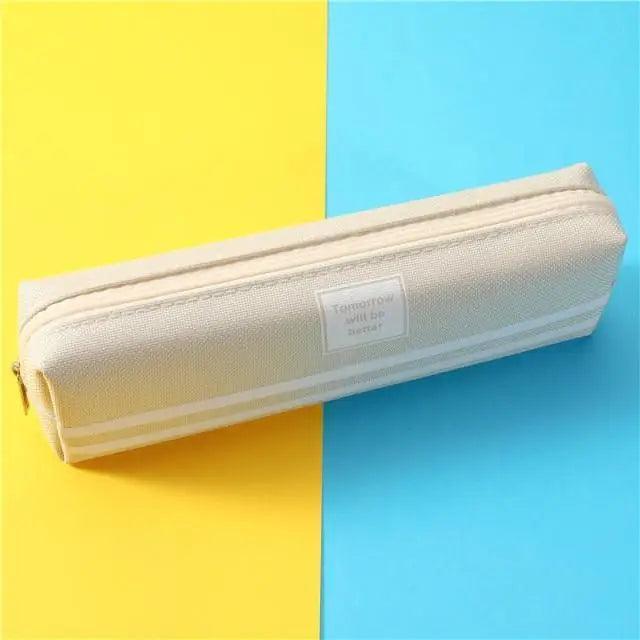 Light gray striped pencil pouch with carry strap, double zipper, and front label
