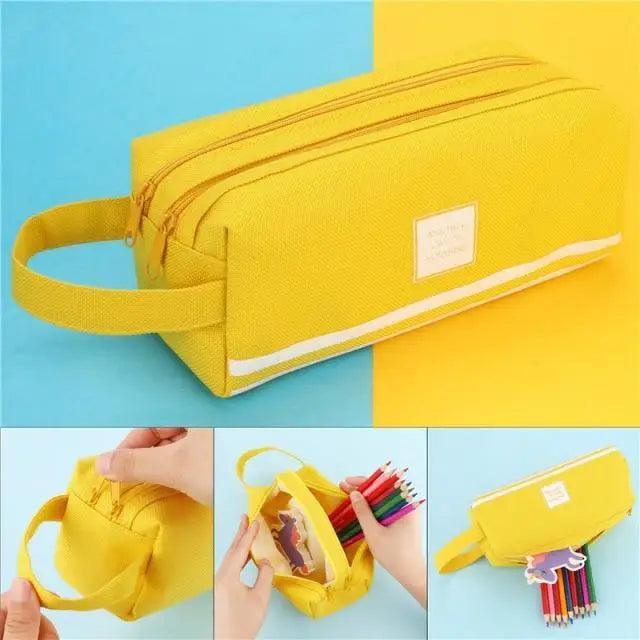 Yellow striped pencil pouch with wrist strap, shown with pencils and interior view