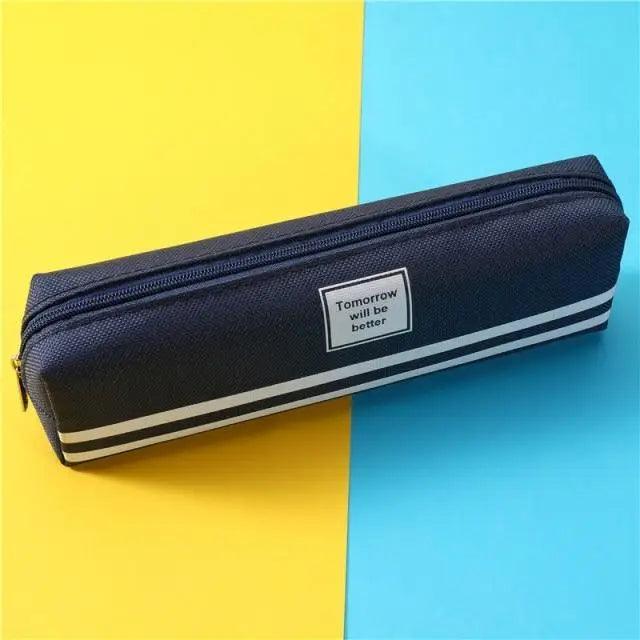 Dark blue striped pencil pouch with wrist strap, double zipper, and label patch