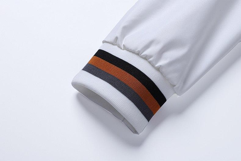 Men's white windbreaker jacket elastic cuff with black and orange stripe band