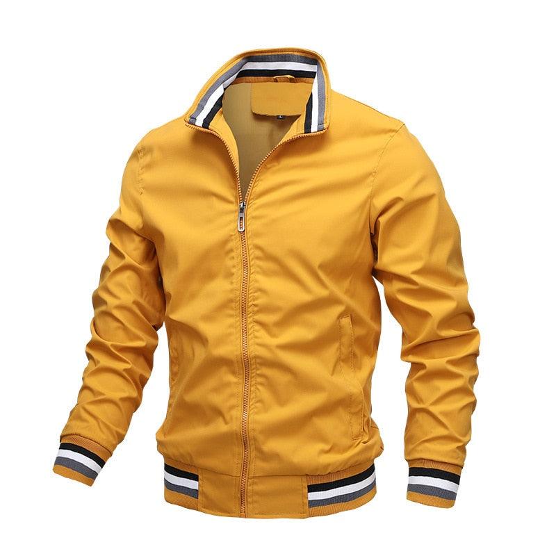 Yellow men’s windbreaker jacket with striped ribbed collar and cuffs, zip front