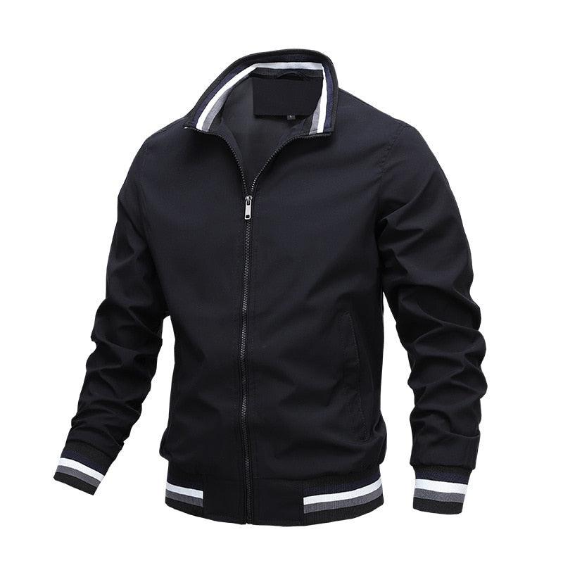 Black men’s windbreaker jacket, front view with stand collar and striped rib trim.