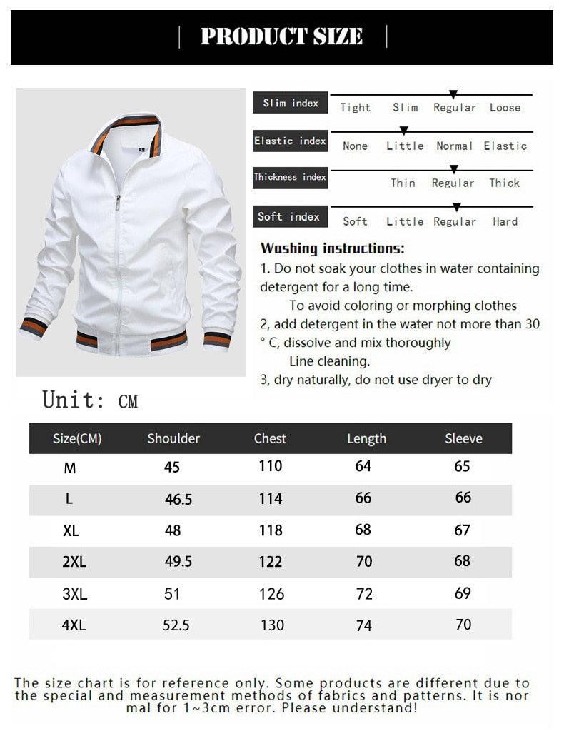 Men’s windbreaker size chart showing shoulder, chest, length, and sleeve (CM)