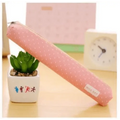 Pink dotted slim canvas pencil pouch with zipper and 'Nice day' label.
