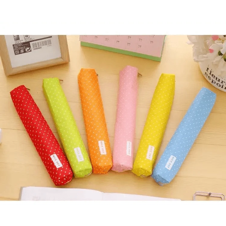 Colorful dot-pattern canvas pencil pouches set of five, zipper-top styles