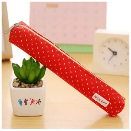 Red dotted slim canvas pencil pouch with zipper and 'Nice day' label.