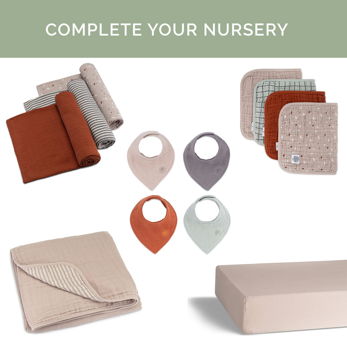Assorted muslin burp cloths in rust, gray, and beige folded stacks