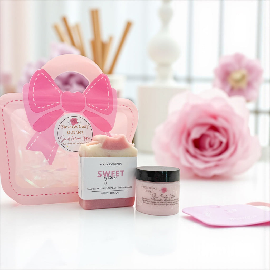 Natural tallow gift set with pink bow, Sweet Grace soap bar and lotion jars