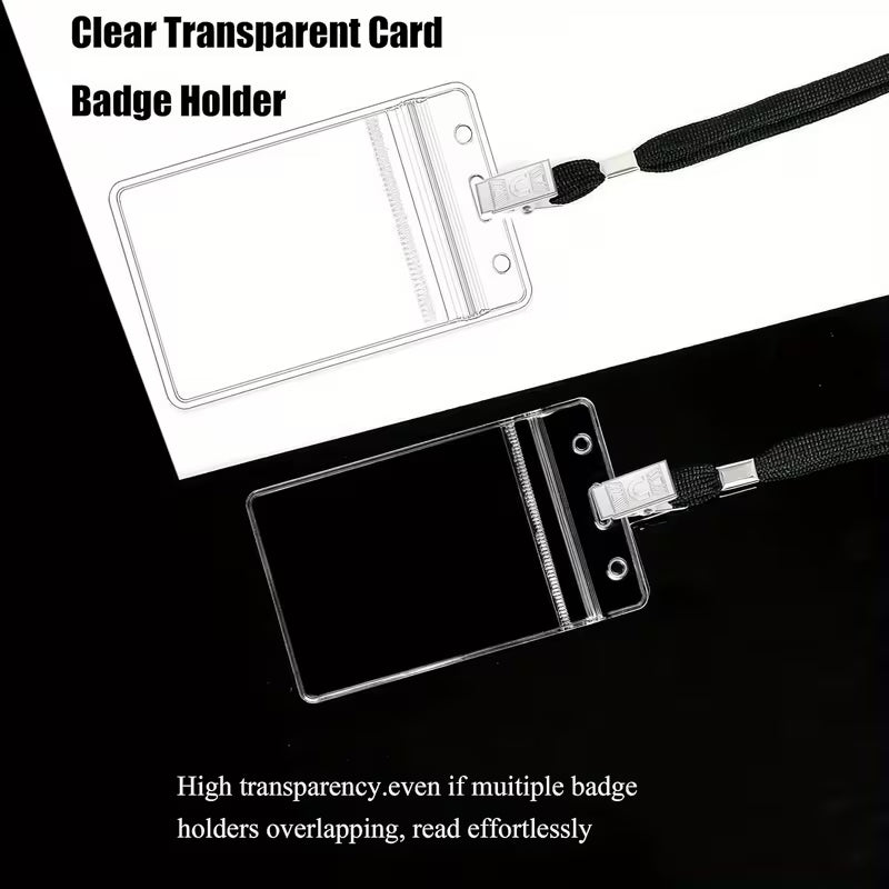 Clear transparent badge holder with black lanyard strap and metal clip