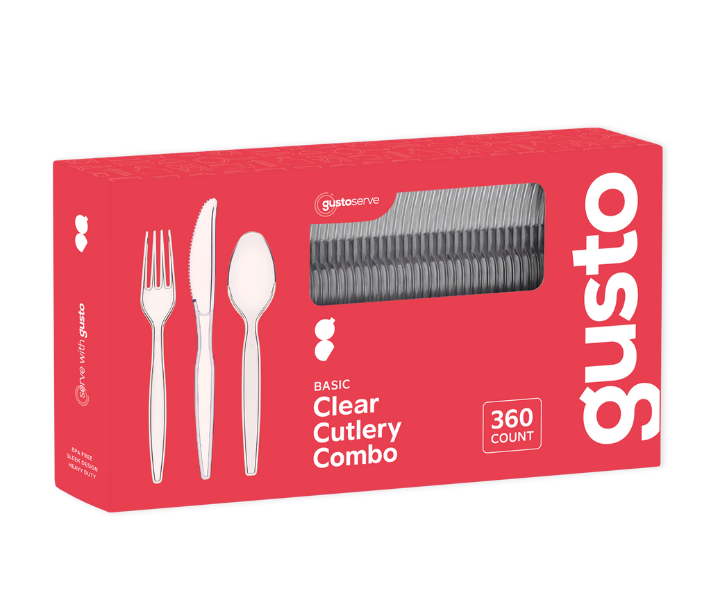 Disposable clear plastic cutlery combo box with forks, spoons, and knives