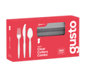 Disposable clear plastic cutlery combo box with forks, spoons, and knives