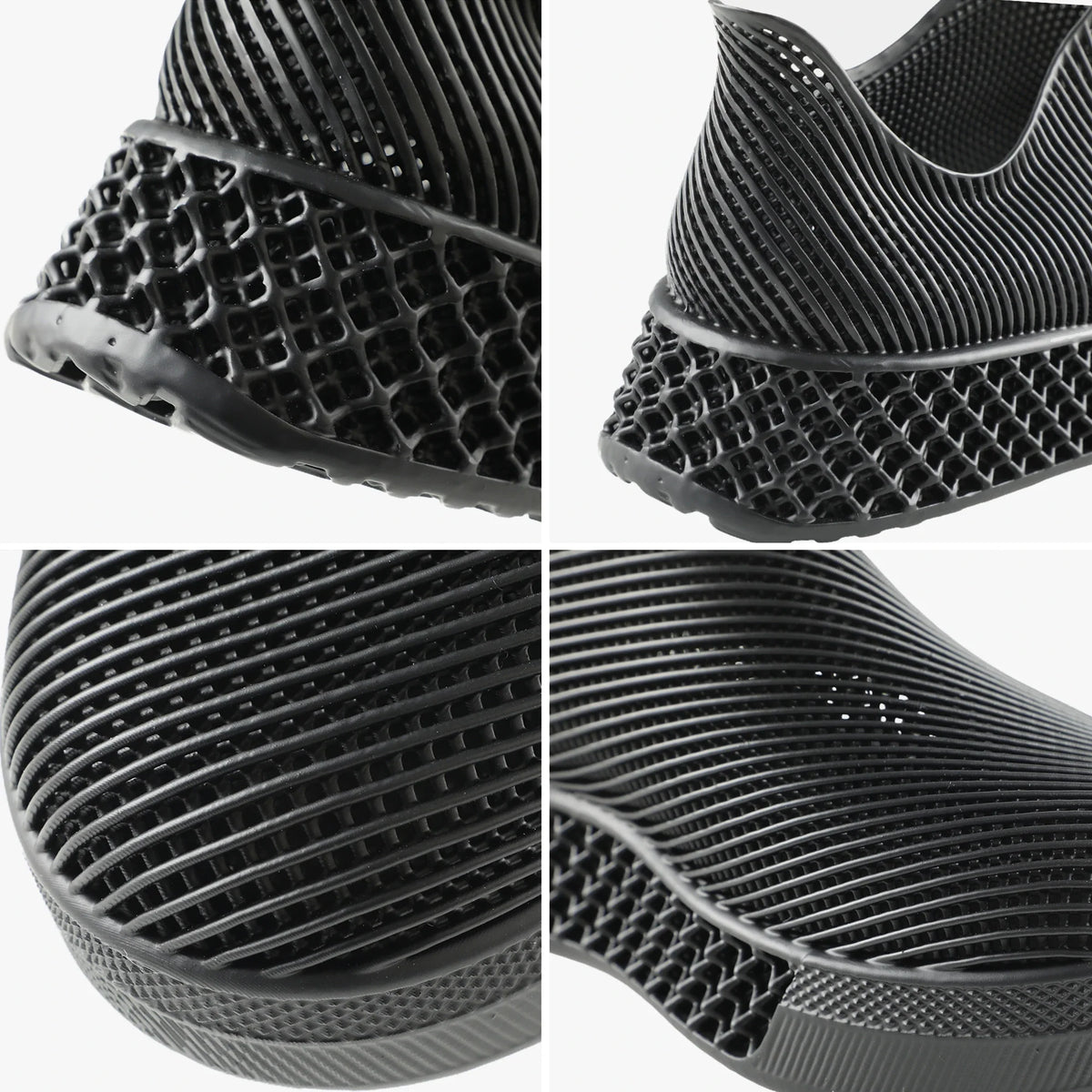 Close-up of black 3D printed slip-on sneakers: ribbed upper and treaded outsole