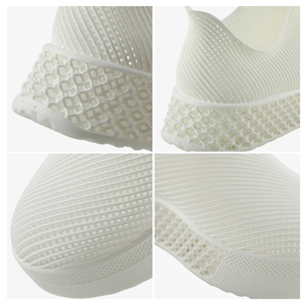3D-printed knit slip-on sneakers with textured honeycomb-like pattern, light color