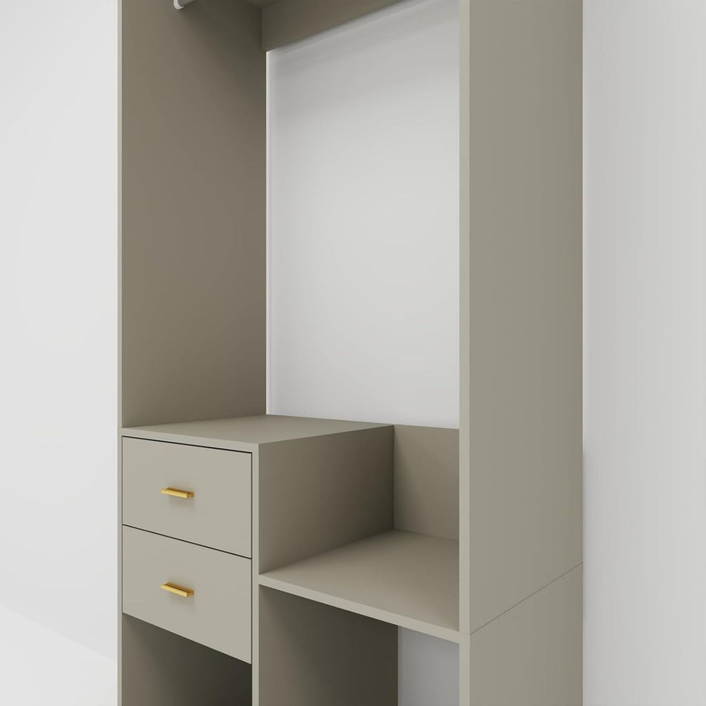 Gray closet organizer corner with drawer and open shelf cubby