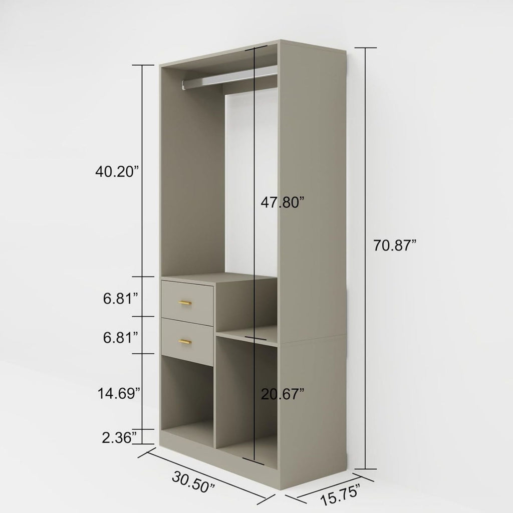 Gray closet organizer system with vertical hanging area and multiple storage compartments